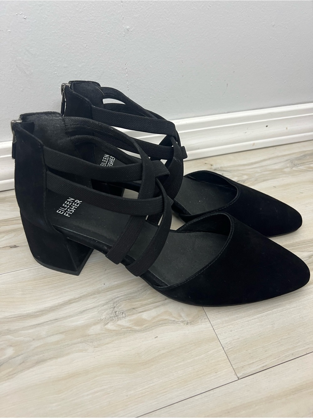 Eileen Fisher Black Suede Strappy Block Heel Pumps